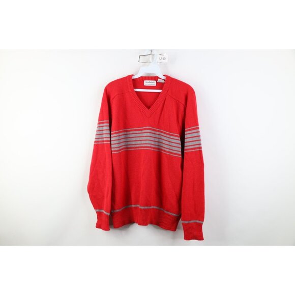 Vintage 70s Streetwear Mens Large Striped Color Block Knit V-Neck Sweater Red